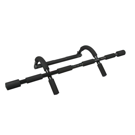 The Urban Fitness Chin Up Bar by Urban Fitness is a black doorway-mounted pull-up bar with foam grips and multiple grip positions, ideal for versatile upper body workouts in your home gym.