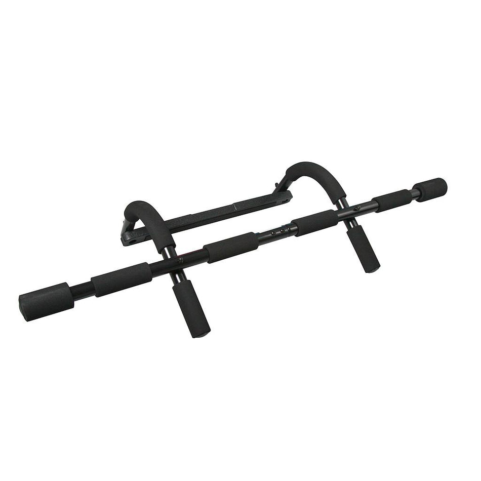 The Urban Fitness Chin Up Bar by Urban Fitness is a black doorway-mounted pull-up bar with foam grips and multiple grip positions, ideal for versatile upper body workouts in your home gym.