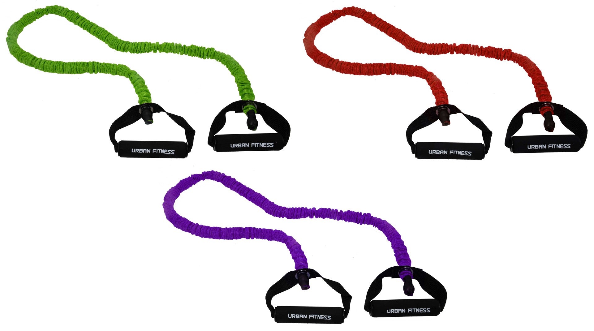 Three Urban Fitness Safety Resistance Tubes by Urban Fitness, shown in green, red, and purple with black handles on a white background—latex-free and ideal for strength training.