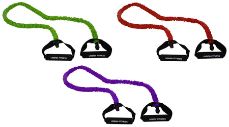 Three Urban Fitness Safety Resistance Tubes by Urban Fitness, shown in green, red, and purple with black handles on a white background—latex-free and ideal for strength training.