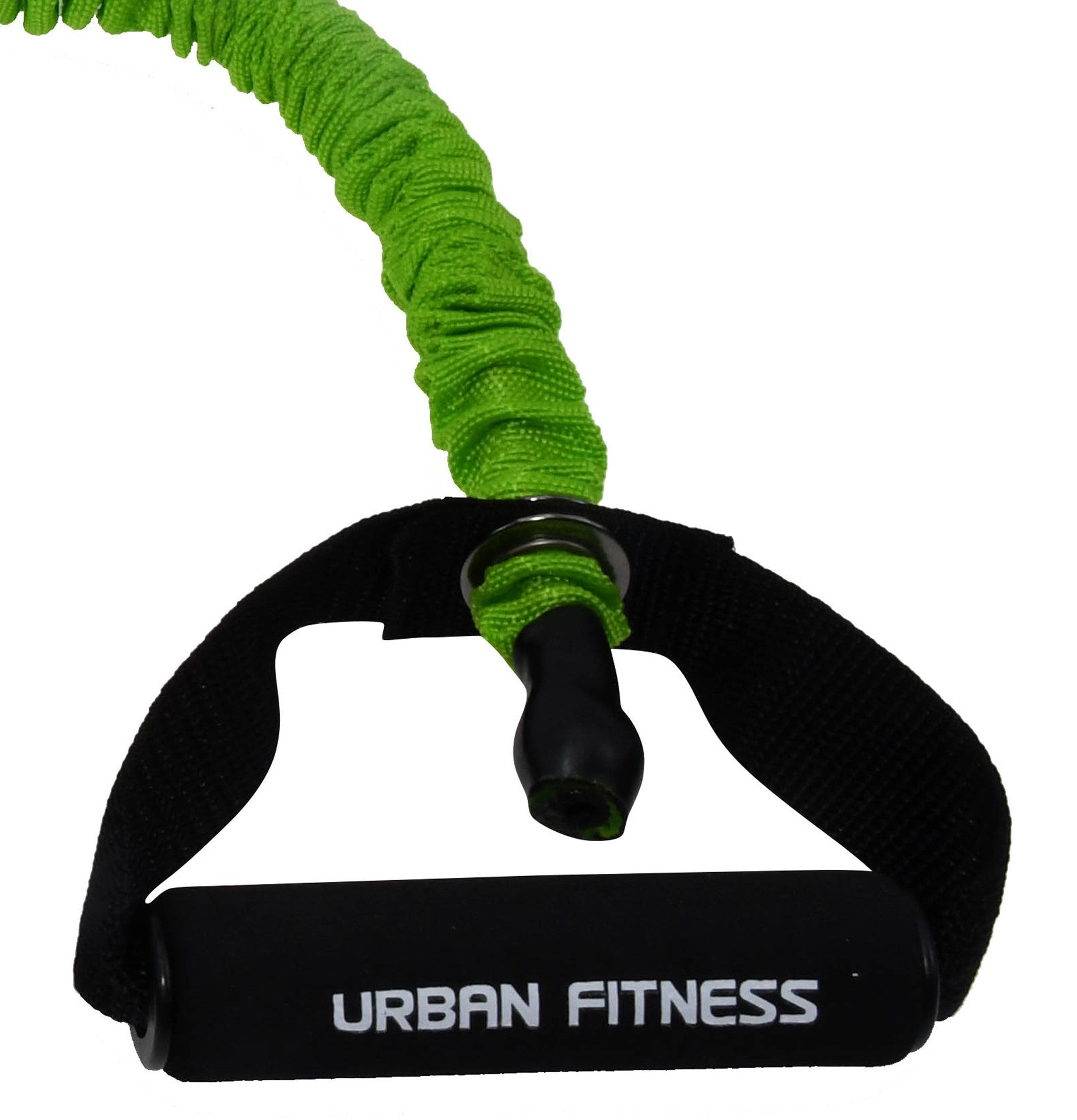 Close-up of the Urban Fitness Safety Resistance Tube in green with padded black handles and "Urban Fitness" in white. This latex-free tube has a protective fabric sleeve, making it perfect for safe and effective strength training.