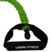 Close-up of the Urban Fitness Safety Resistance Tube in green with padded black handles and "Urban Fitness" in white. This latex-free tube has a protective fabric sleeve, making it perfect for safe and effective strength training.