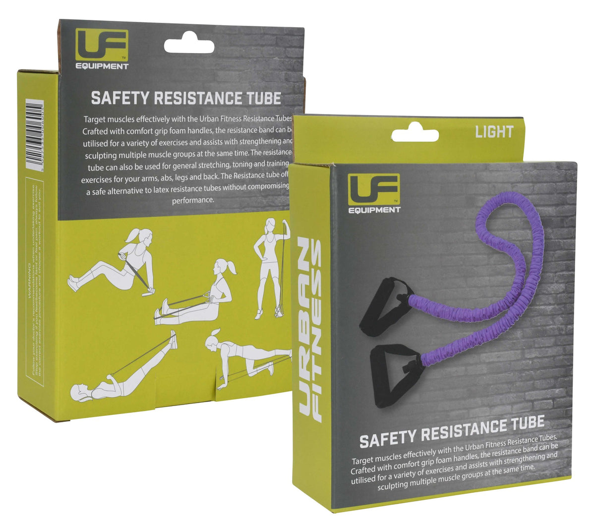 Two Urban Fitness Safety Resistance Tube boxes, one marked Light, feature images of people exercising and display a purple latex-free tube with black handles—ideal for strength training.