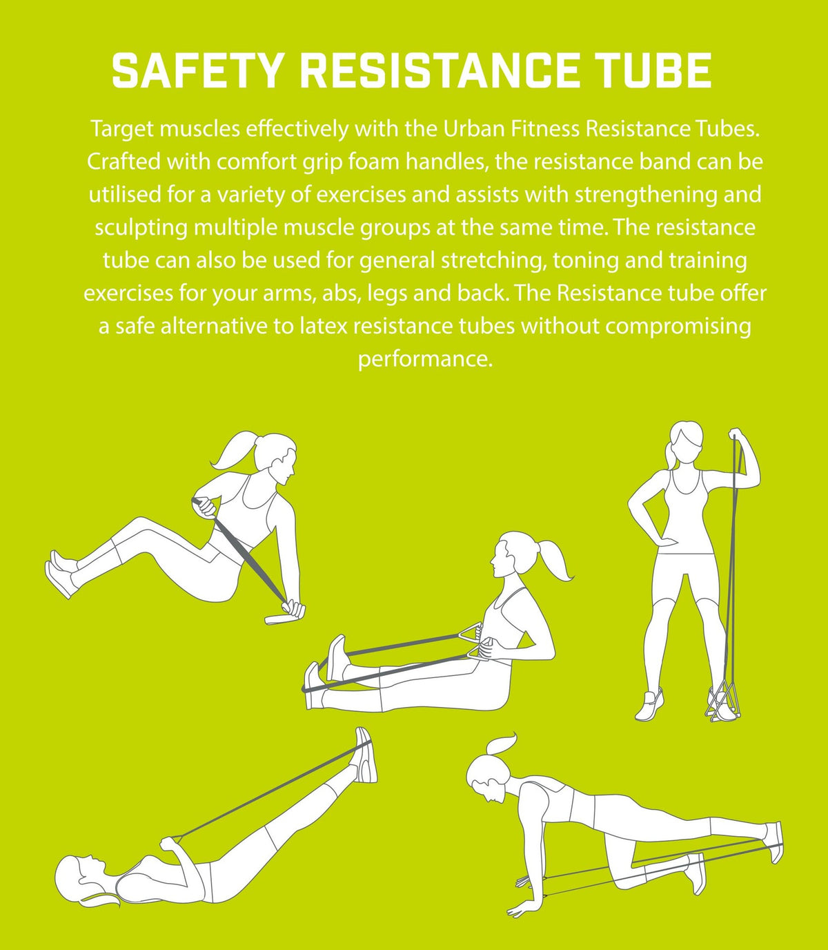 Four illustrated figures show strength exercises for arms, legs, abs, and back using the Urban Fitness Safety Resistance Tube. The latex-free tube’s benefits and versatility are highlighted against a bright green background.