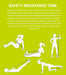 Four illustrated figures show strength exercises for arms, legs, abs, and back using the Urban Fitness Safety Resistance Tube. The latex-free tube’s benefits and versatility are highlighted against a bright green background.