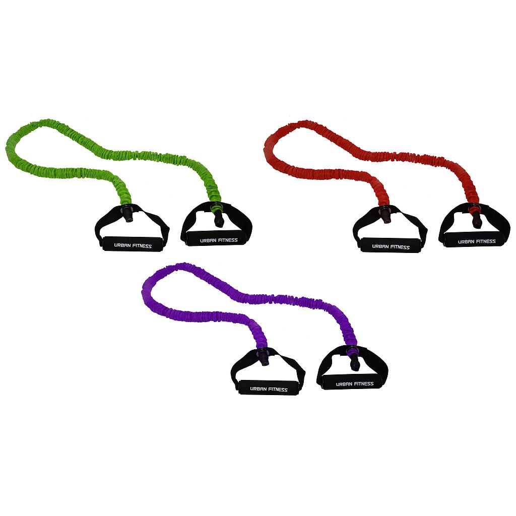 Three Urban Fitness Safety Resistance Tubes with black handles—one green, one red, one purple—are covered in fabric and arranged in a triangle on a white background. These tubes by Urban Fitness are latex-free and designed for strength training.