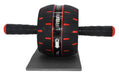 The Urban Fitness Rebound Ab Wheel, in black and red with two handles and a white arrow on the wheel, rests on a small gray mat. Branded by Urban Fitness, it’s ideal for building core strength.