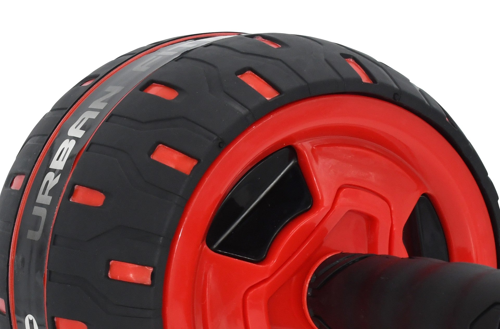 Close-up of the Urban Fitness Rebound Ab Wheel's black and red tire with Urban Fitness branding, highlighting its detailed tread and red rim—engineered to build core strength with a spring-back mechanism.