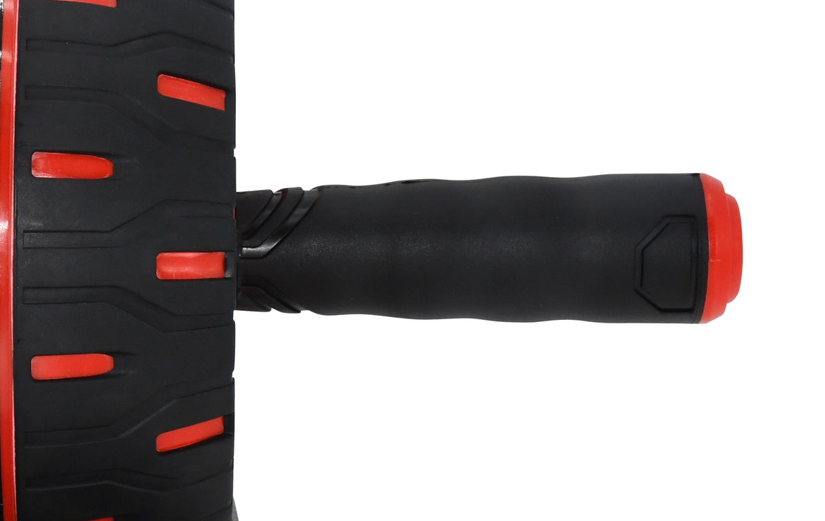 Close-up of the Urban Fitness Rebound Ab Wheel, a black and red ab roller with textured handles and a spring-back mechanism by Urban Fitness for effective core strength workouts.
