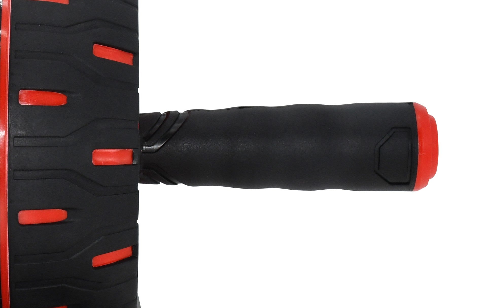 Close-up of the Urban Fitness Rebound Ab Wheel, a black and red ab roller with textured handles and a spring-back mechanism by Urban Fitness for effective core strength workouts.