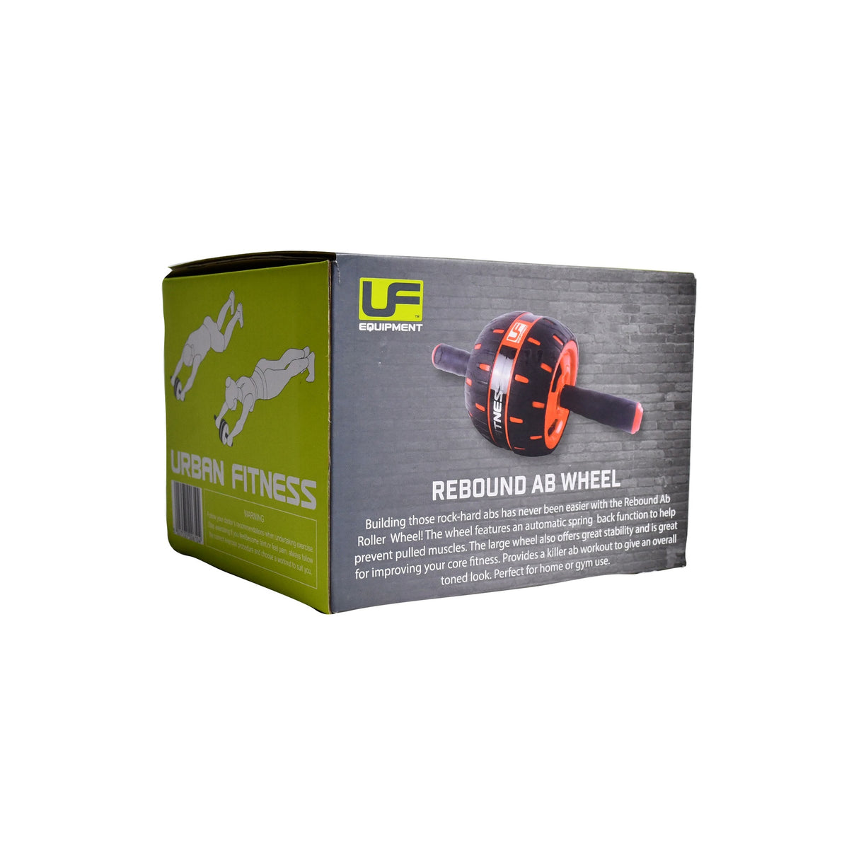 A box of Urban Fitness Rebound Ab Wheel displays the ab wheel image, exercise illustrations, and orange accents on a green, black, and white box. The packaging highlights its spring-back mechanism for core strengthening.