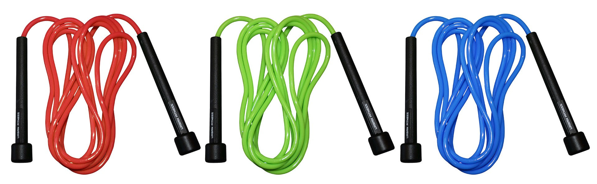 Three jump ropes with black handles, including the Urban Fitness Speed Rope by Urban Fitness, are arranged side by side on a white background. From left to right, the ropes are red, green, and blue.