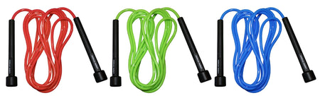 Three jump ropes with black handles, including the Urban Fitness Speed Rope by Urban Fitness, are arranged side by side on a white background. From left to right, the ropes are red, green, and blue.