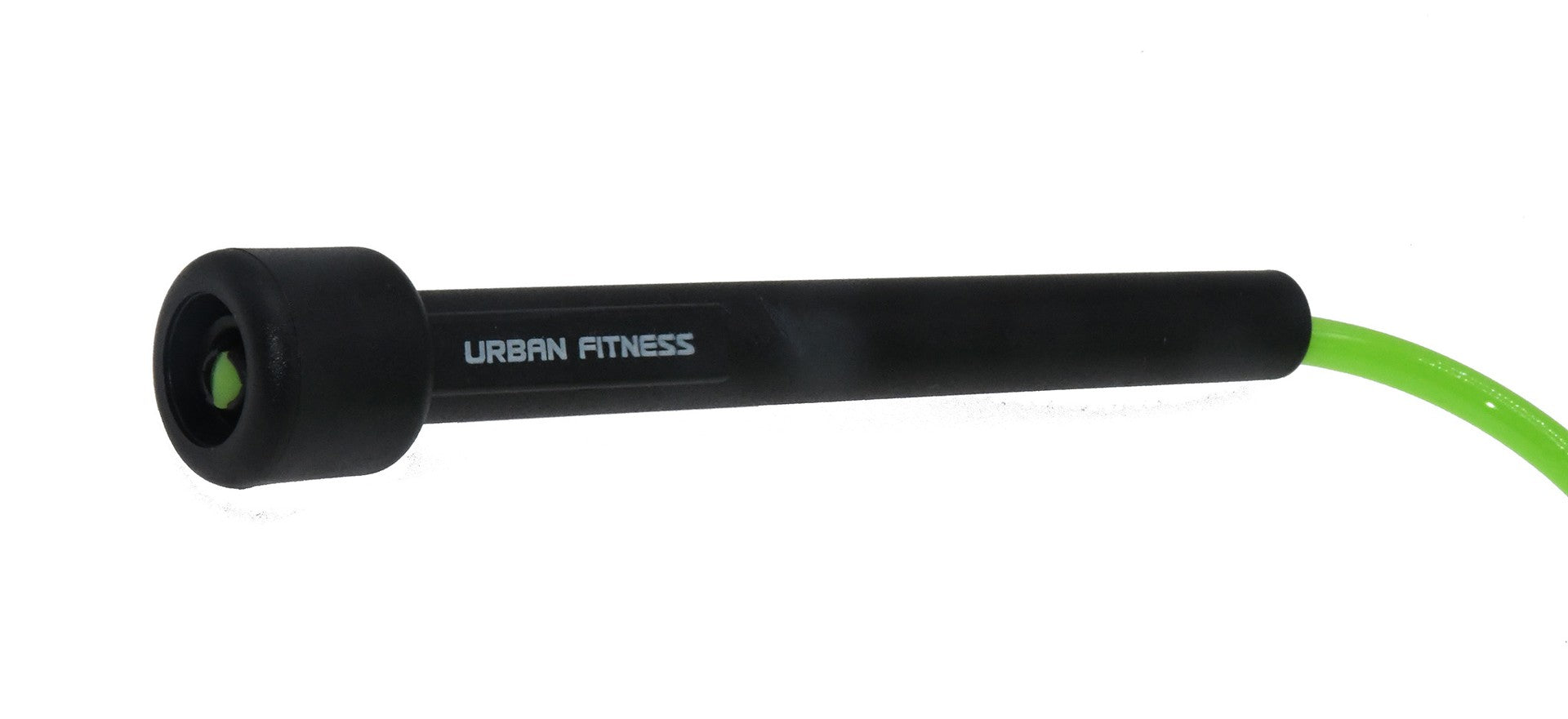 A close-up of a labeled, sleek black Urban Fitness Speed Rope handle with a neon green rope extending from it against a white background.