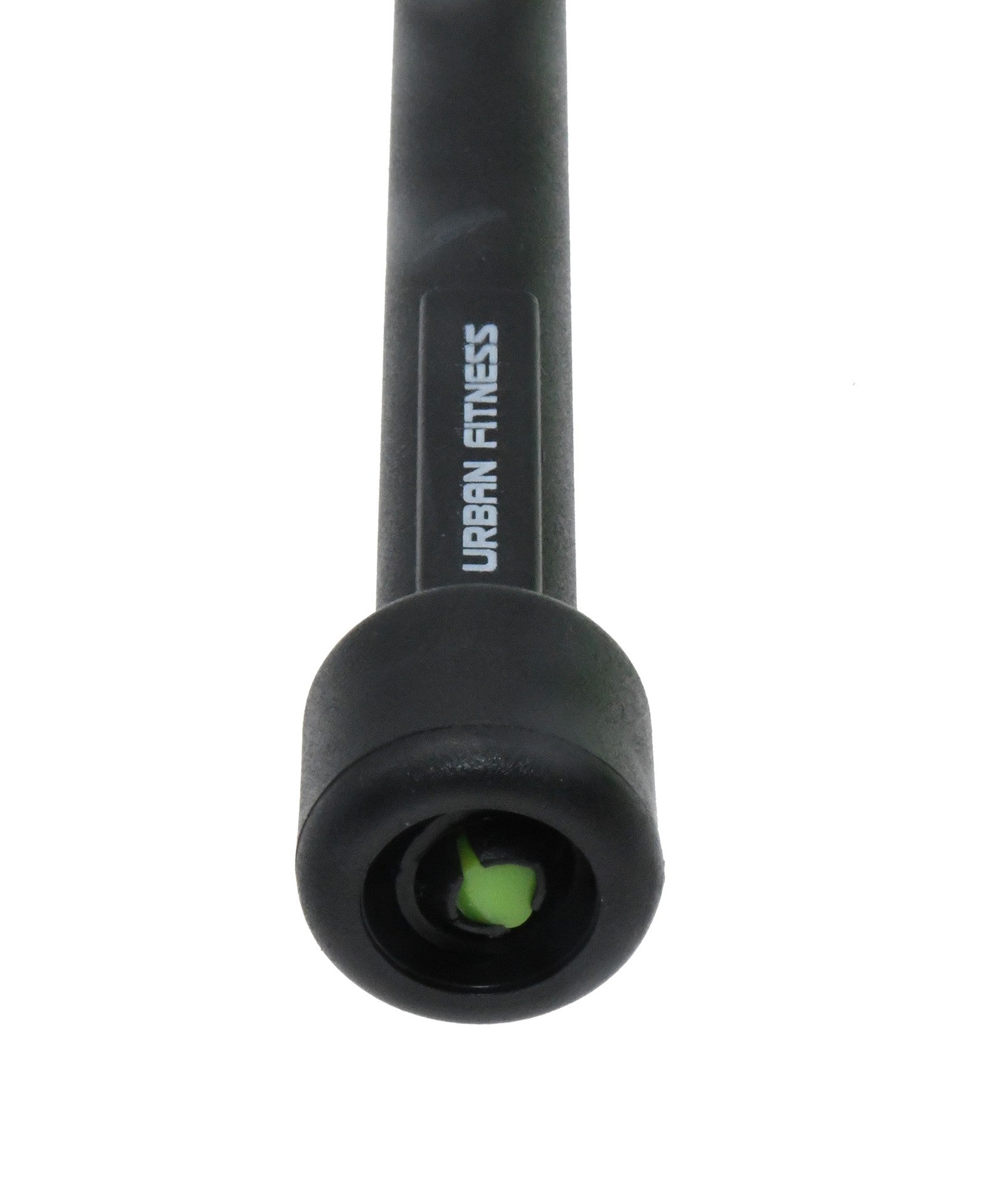 A close-up of the Urban Fitness Speed Rope by Urban Fitness, showing its black bar and a round rubberized end cap with a small green accent in the center.
