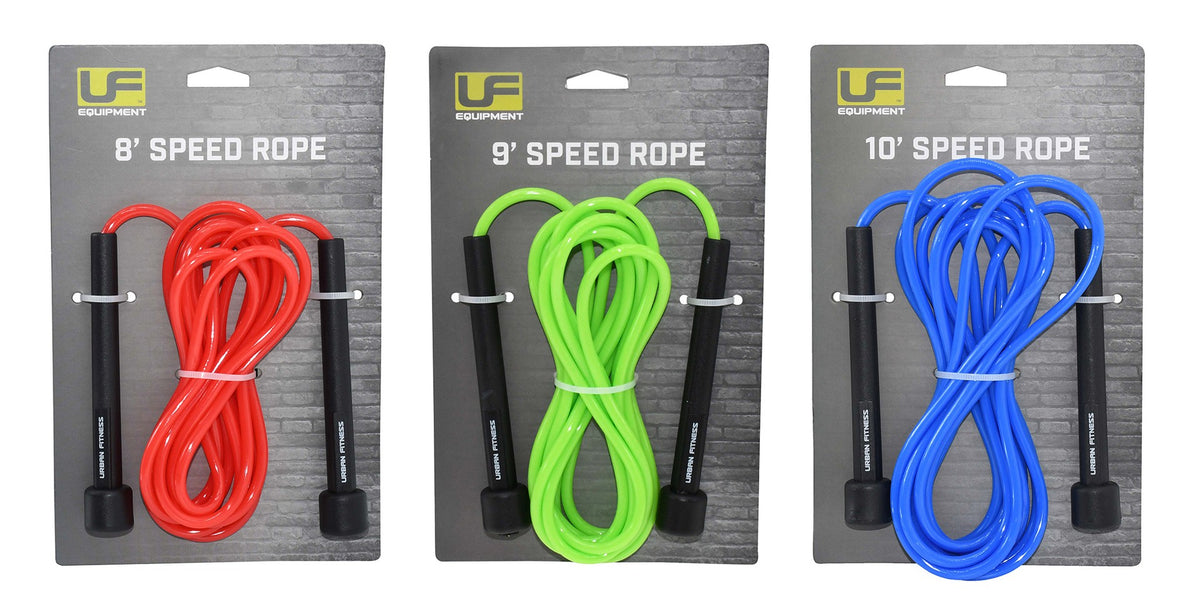 Three packaged Urban Fitness Speed Ropes are shown: an 8' red, 9' green, and 10' blue rope—all with black handles. Each package features the Urban Fitness logo on a gray background.