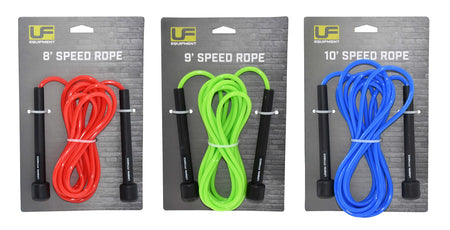 Three packaged Urban Fitness Speed Ropes are shown: an 8' red, 9' green, and 10' blue rope—all with black handles. Each package features the Urban Fitness logo on a gray background.