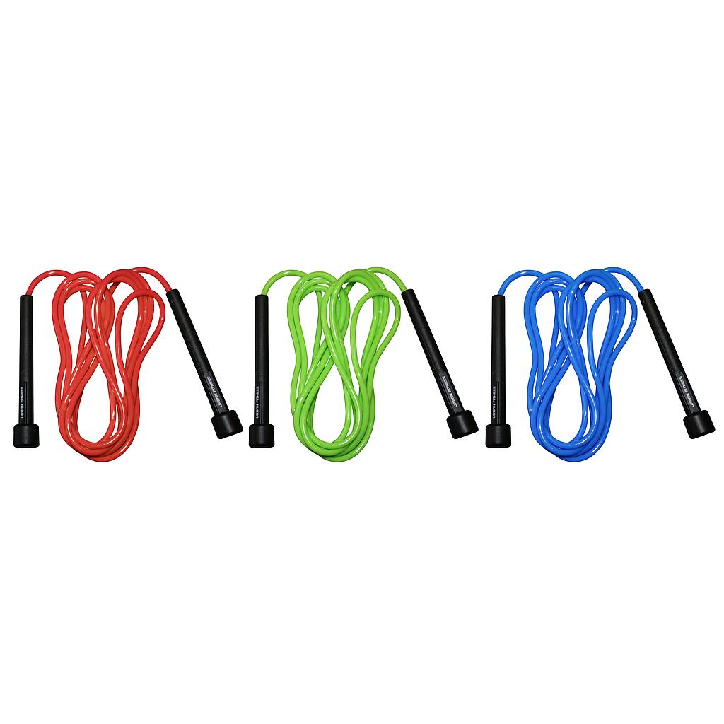 Three Urban Fitness Speed Ropes in red, green, and blue with black handles are neatly displayed side by side on a white background.