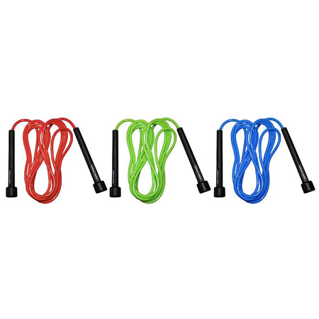 Three Urban Fitness Speed Ropes in red, green, and blue with black handles are neatly displayed side by side on a white background.