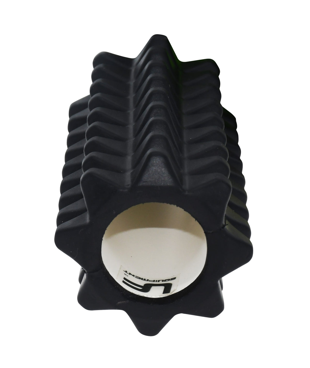 The Urban Fitness EVA Mini Massage Roller by Urban Fitness is a black foam roller with a hollow center and deep textured grooves, designed for portability and effective muscle recovery.