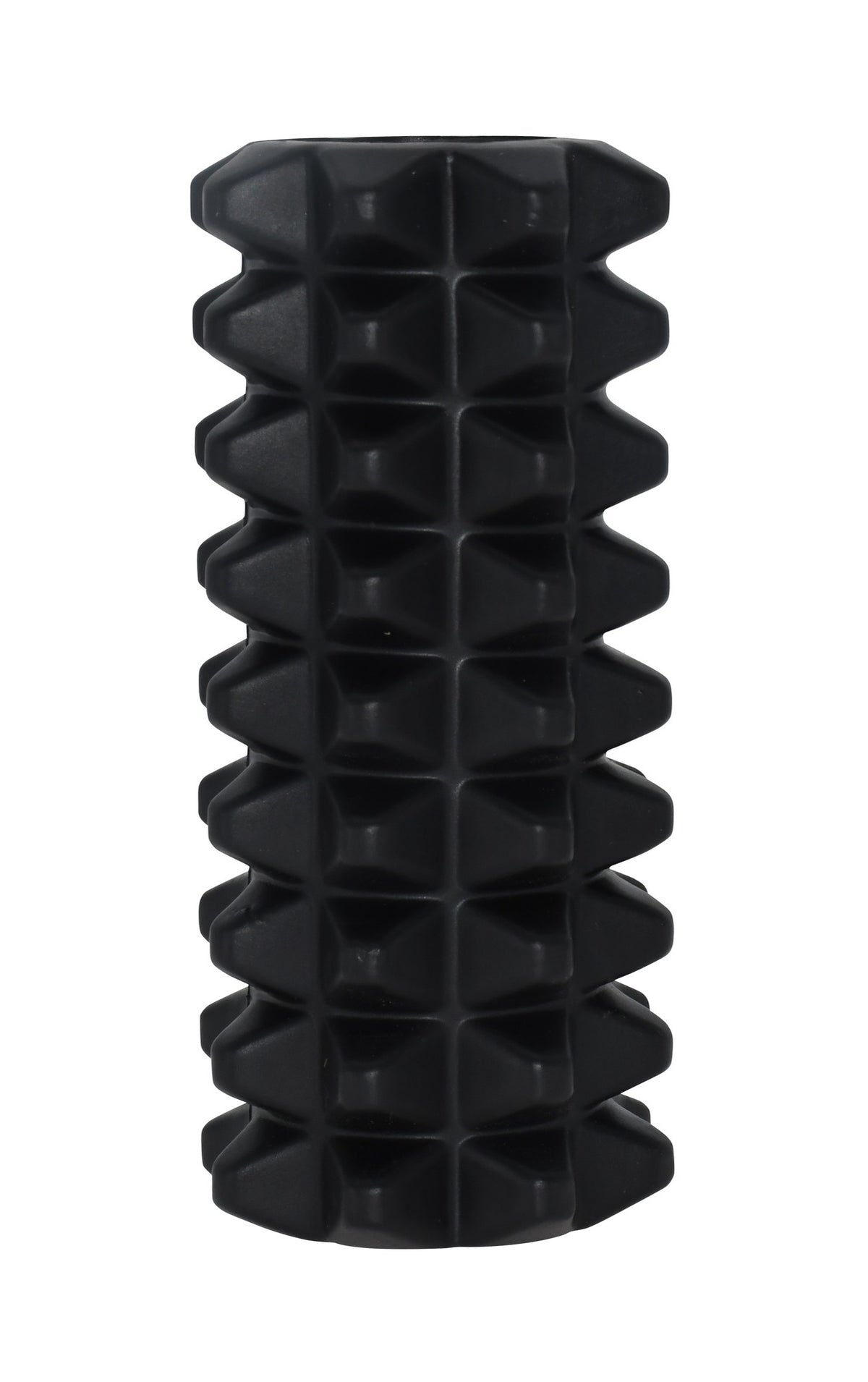 The Urban Fitness EVA Mini Massage Roller by Urban Fitness is a portable, black, cylindrical tool with a textured grid surface for effective muscle massage and recovery.
