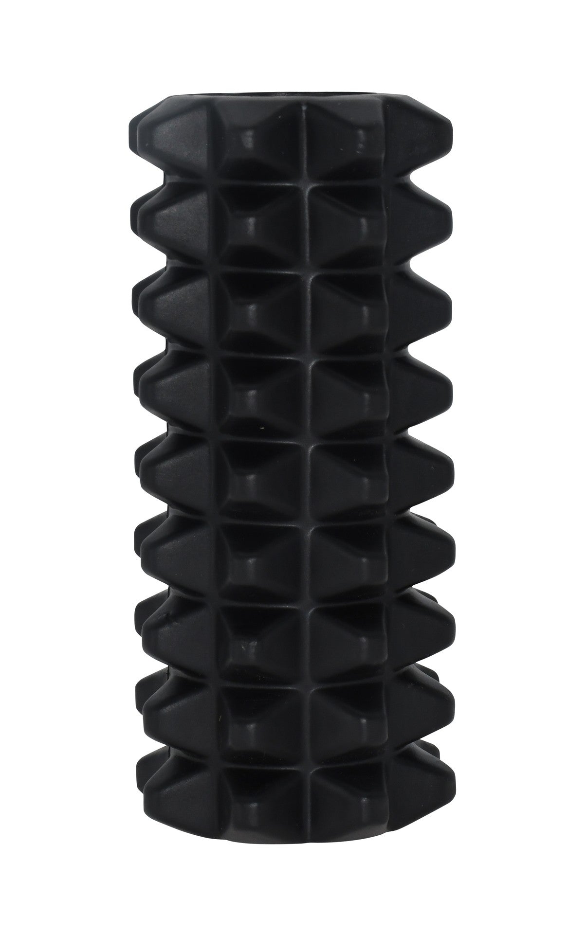 The Urban Fitness EVA Mini Massage Roller by Urban Fitness is a portable, black, cylindrical tool with a textured grid surface for effective muscle massage and recovery.