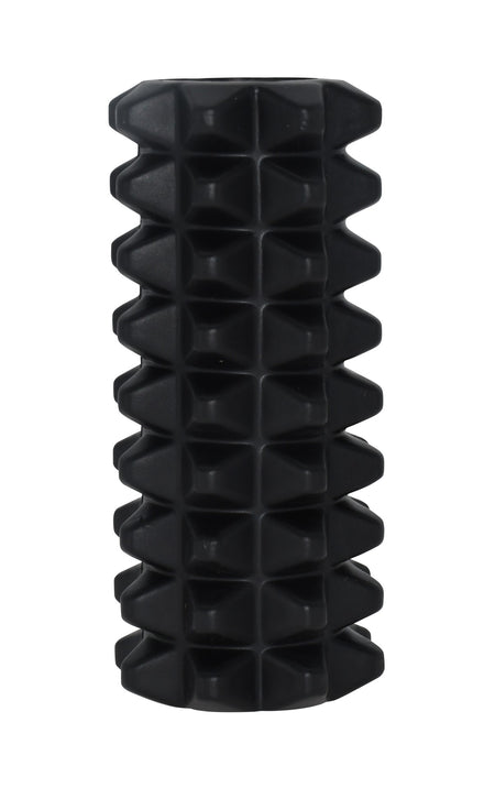 The Urban Fitness EVA Mini Massage Roller by Urban Fitness is a portable, black, cylindrical tool with a textured grid surface for effective muscle massage and recovery.