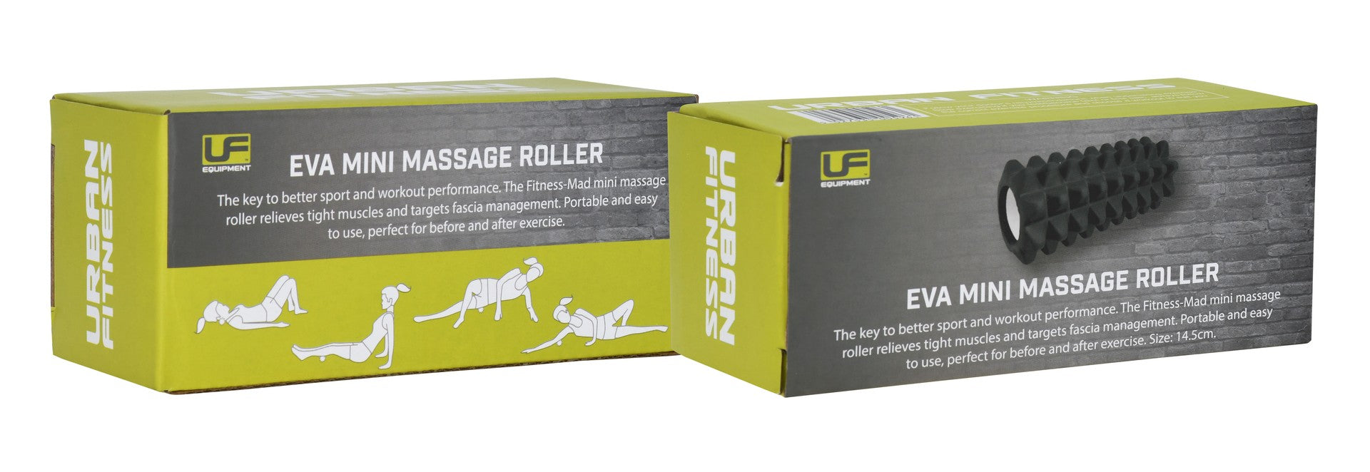 Two green and gray boxes labeled Urban Fitness EVA Mini Massage Roller show images, usage illustrations, and text highlighting muscle relief, exercise, and recovery benefits. One box displays a spiked black roller from Urban Fitness.