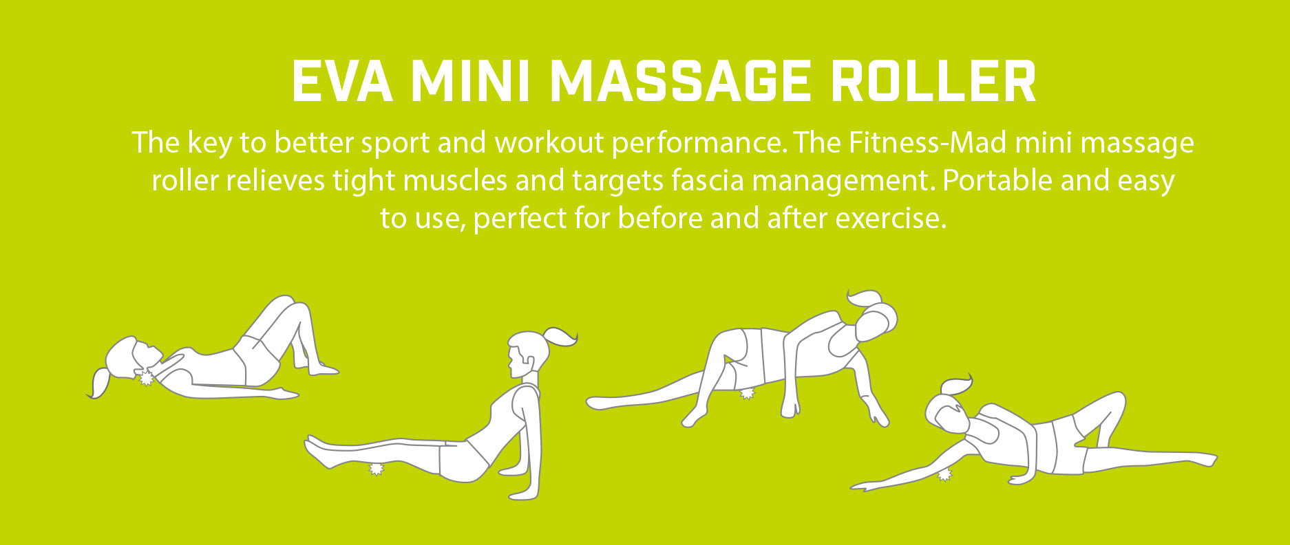 A lime green graphic features the Urban Fitness EVA Mini Massage Roller by Urban Fitness, showing a woman using it on her calves, upper back, side hip, and thigh with text encouraging muscle recovery before and after exercise.