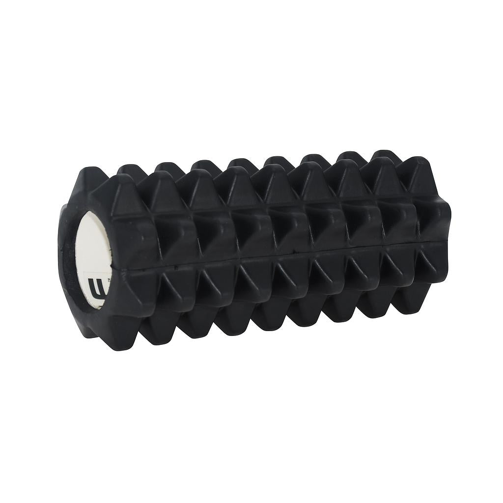 The Urban Fitness EVA Mini Massage Roller by Urban Fitness is a black, cylindrical tool with a spiky textured surface and a white end cap, designed for portable muscle recovery and physical therapy.