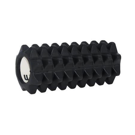 The Urban Fitness EVA Mini Massage Roller by Urban Fitness is a black, cylindrical tool with a spiky textured surface and a white end cap, designed for portable muscle recovery and physical therapy.