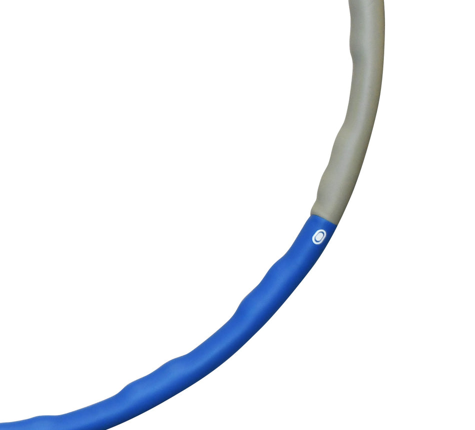 A close-up of the Urban Fitness Weighted Hula Hoop by Urban Fitness, featuring wavy blue and smooth gray connected sections for effective core workouts, set against a white background.