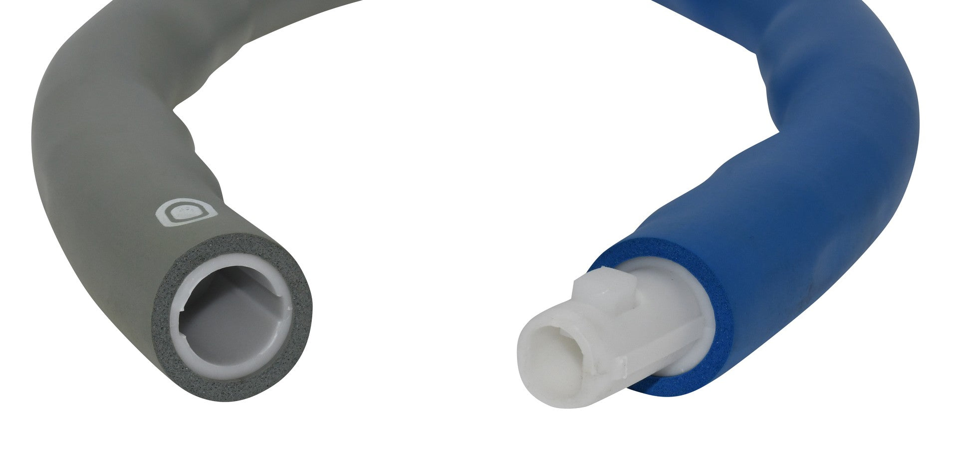 Close-up of the Urban Fitness Weighted Hula Hoop by Urban Fitness, showing its foam-insulated gray and blue segments with plastic connectors, arranged in a semi-circle on a white background.