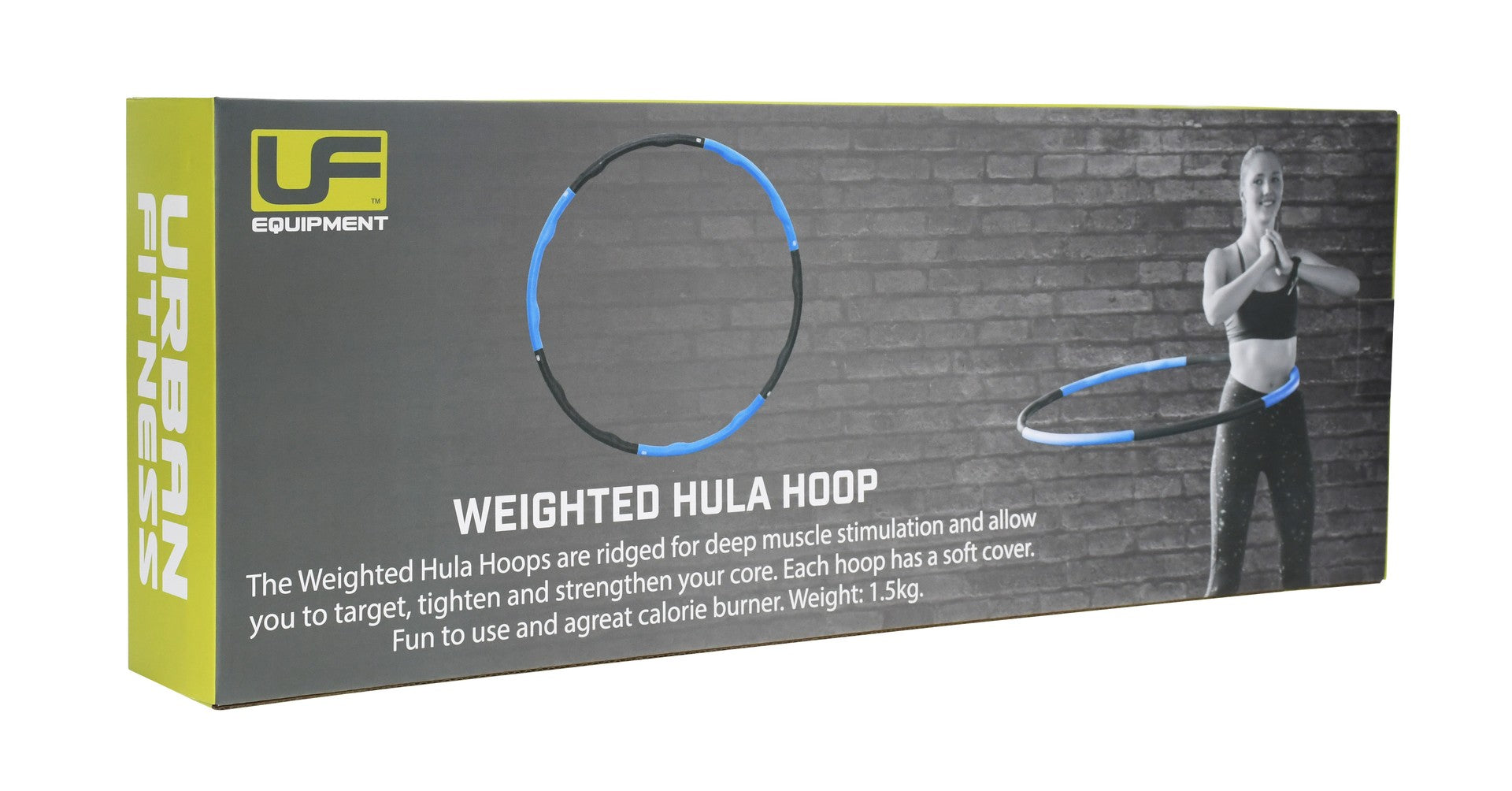 A box for the Urban Fitness Weighted Hula Hoop shows a woman using it. The packaging highlights its ridged design, soft cover, 1.5kg weight, and its benefits for core workouts, muscle stimulation, and calorie burning. Brand: Urban Fitness.