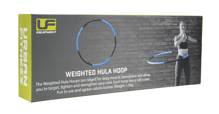 A box for the Urban Fitness Weighted Hula Hoop shows a woman using it. The packaging highlights its ridged design, soft cover, 1.5kg weight, and its benefits for core workouts, muscle stimulation, and calorie burning. Brand: Urban Fitness.