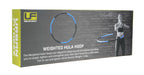 A box for the Urban Fitness Weighted Hula Hoop shows a woman using it. The packaging highlights its ridged design, soft cover, 1.5kg weight, and its benefits for core workouts, muscle stimulation, and calorie burning. Brand: Urban Fitness.