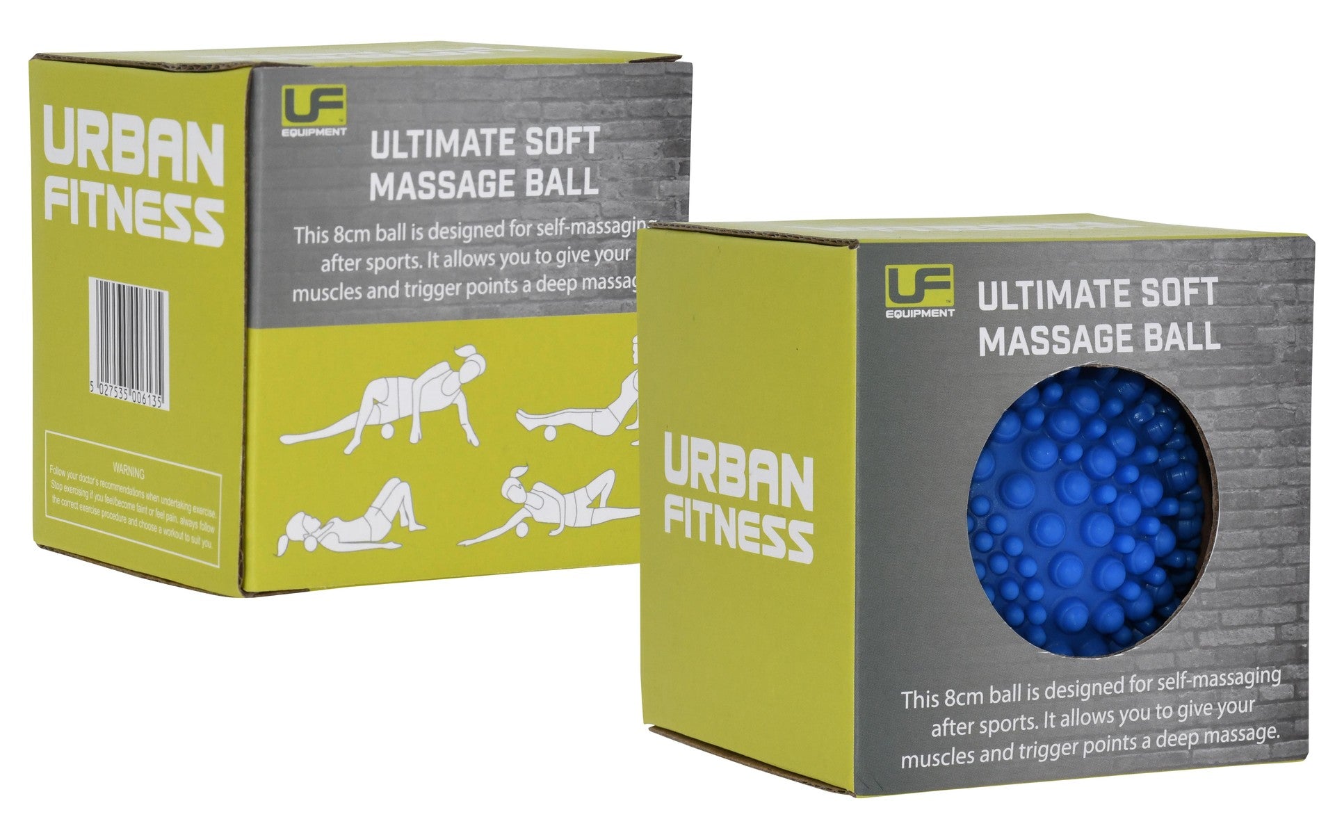 Two green and gray Urban Fitness Ultimate Soft Massage Ball boxes: one shows a blue spiky ball through a window, while the other displays product info and illustrations promoting deep tissue relief from Urban Fitness.