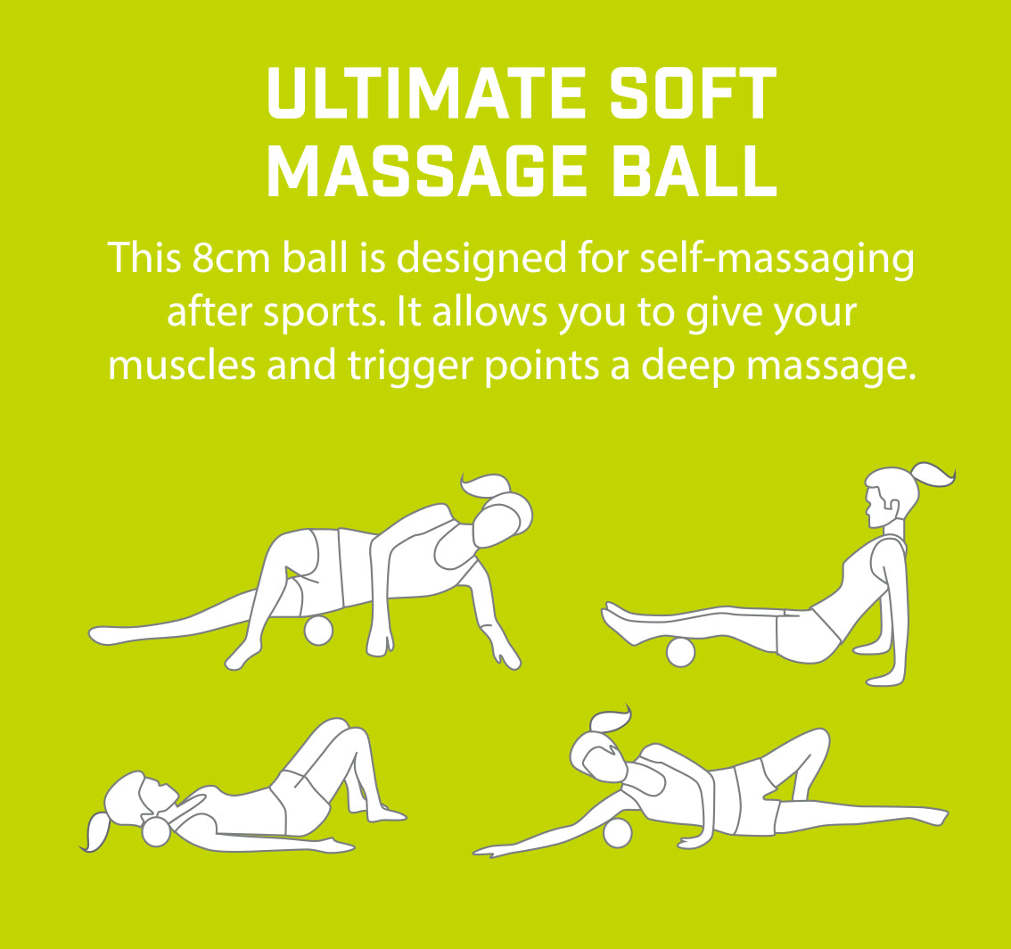 Illustration shows four ways to use the Urban Fitness Ultimate Soft Massage Ball (8cm) for self-massage on legs, back, and glutes. A person demonstrates each exercise with tips on how this Urban Fitness ball helps muscle recovery and deep tissue relief.