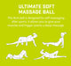 Illustration shows four ways to use the Urban Fitness Ultimate Soft Massage Ball (8cm) for self-massage on legs, back, and glutes. A person demonstrates each exercise with tips on how this Urban Fitness ball helps muscle recovery and deep tissue relief.