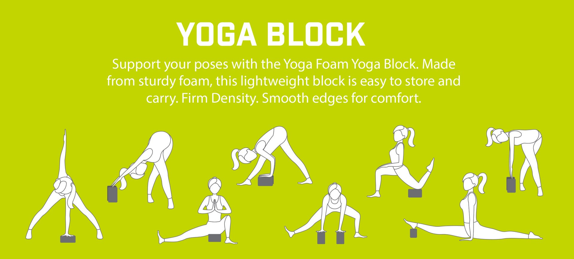 Illustration of seven people using the Urban Fitness Marbled Yoga Block by Urban Fitness in different poses on a green background, highlighting its lightweight, firm-density support for comfortable yoga practice.