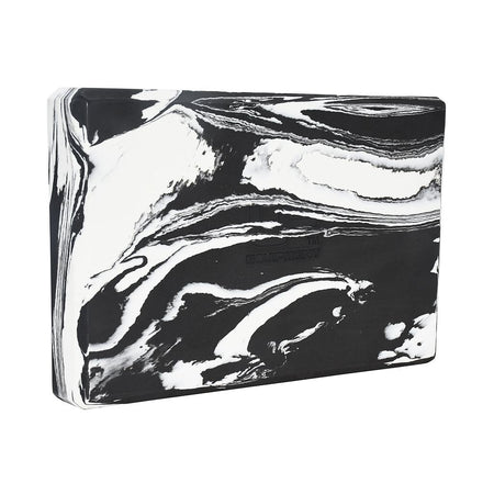The Urban Fitness Marbled Yoga Block is a rectangular, firm-density block with a marbled black and white pattern featuring irregular swirls, shown angled on a plain white background.