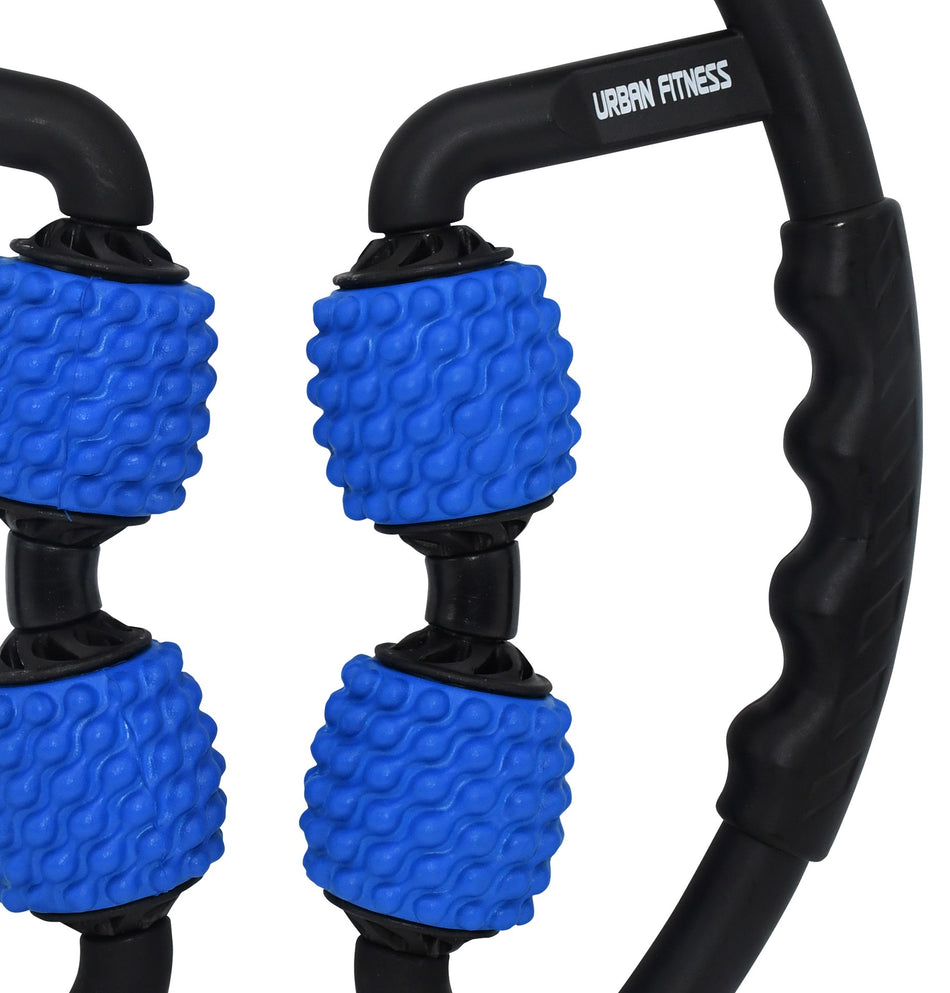 Close-up of the Urban Fitness Dual Sided Massage Roller, featuring a black handle and four textured blue rollers, designed by Urban Fitness for effective muscle massage and recovery.