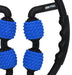 Close-up of the Urban Fitness Dual Sided Massage Roller, featuring a black handle and four textured blue rollers, designed by Urban Fitness for effective muscle massage and recovery.