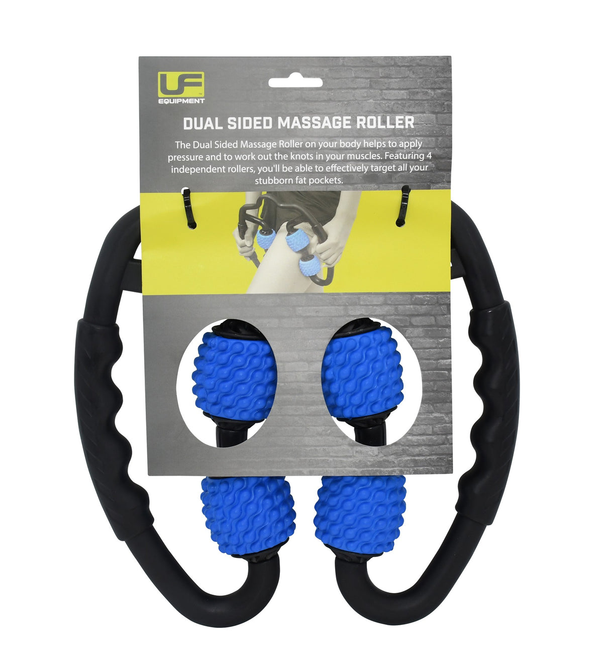 The Urban Fitness Dual Sided Massage Roller features black handles and four blue textured rollers for muscle recovery and cellulite removal, shown against a gray background with product details on its packaging.