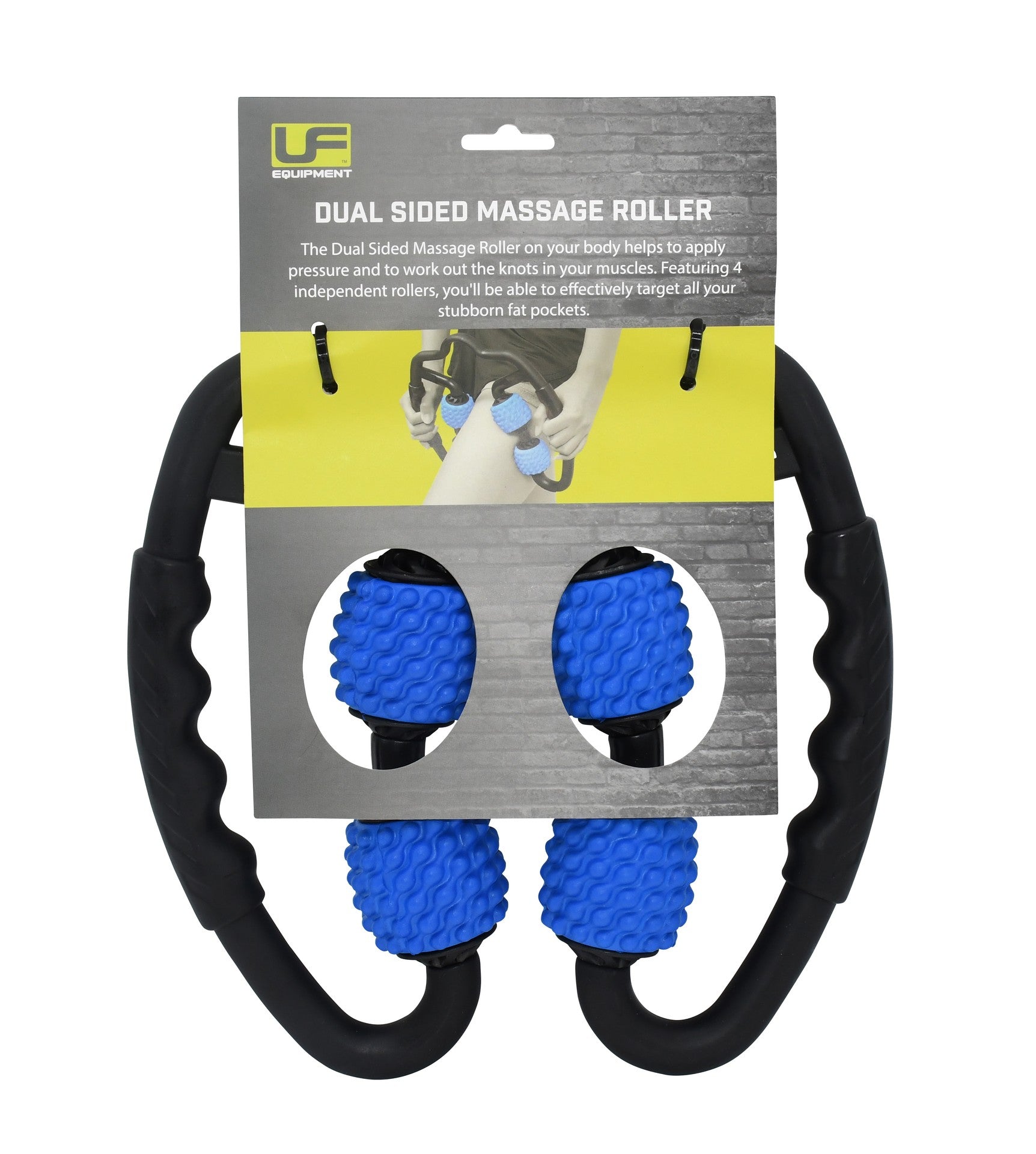 The Urban Fitness Dual Sided Massage Roller features black handles and four blue textured rollers for muscle recovery and cellulite removal, shown against a gray background with product details on its packaging.