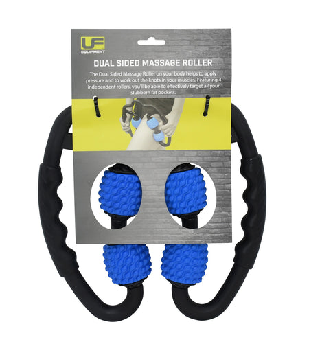 The Urban Fitness Dual Sided Massage Roller features black handles and four blue textured rollers for muscle recovery and cellulite removal, shown against a gray background with product details on its packaging.