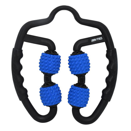 The Urban Fitness Dual Sided Massage Roller features four textured blue rollers and two ergonomic handles for effective muscle recovery and relief. "Urban Fitness" is printed on one handle. Perfect for targeting sore muscles and enhancing recovery.