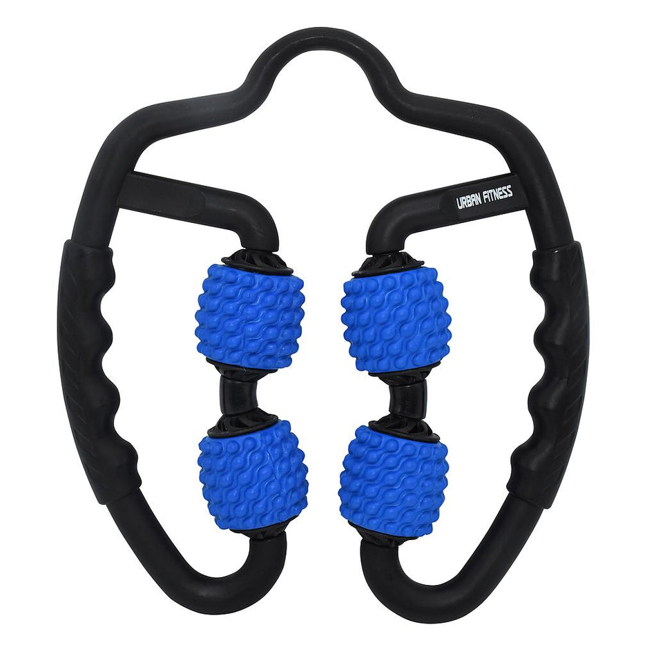 The Urban Fitness Dual Sided Massage Roller features four textured blue rollers and two ergonomic handles for effective muscle recovery and relief. "Urban Fitness" is printed on one handle. Perfect for targeting sore muscles and enhancing recovery.