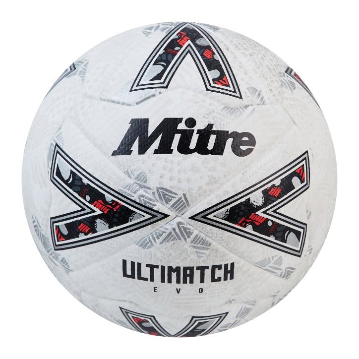 The Mitre Ultimatch Evo Football by Mitre is white and silver, showcasing bold branding, geometric black and red patterns, and thermally bonded seams for enhanced durability—ideal as a reliable match ball.