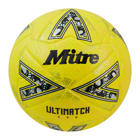 The Mitre Ultimatch Evo Football in fluo yellow/gold features black and white angular patterns, thermally bonded seams for durability, the Mitre logo on the front, and is FIFA Basic approved—a reliable match ball.